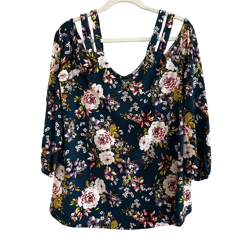 Torrid NWT Cold Shoulder Top Crepe Floral Teal Blue Balloon Sleeve Strappy 0X